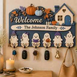 Custom Family Ghost Key Holder, Personalized Halloween Wooden Wall Decor - thumbnail 3