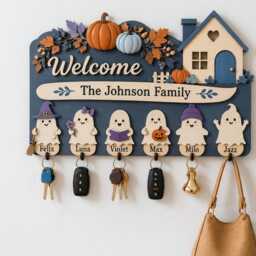 Custom Family Ghost Key Holder, Personalized Halloween Wooden Wall Decor - thumbnail 4