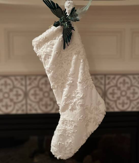 Luxury Christmas Stocking - Handmade in Usa, Luxe Snowflakes, Natural White, Ornament, Elegant Fun, Festive Holiday Home Decor, Accents - image 1