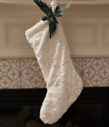 Luxury Christmas Stocking - Handmade in Usa, Luxe Snowflakes, Natural White, Ornament, Elegant Fun, Festive Holiday Home Decor, Accents