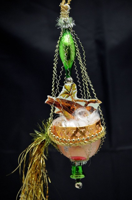 Vintage Christmas Ornament With Dresden Trims, Victorian Die Cuts & Mercury Glass Beads - image 1