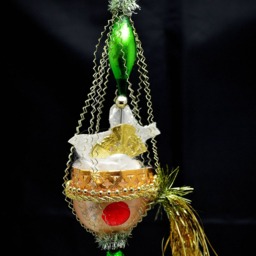 Vintage Christmas Ornament With Dresden Trims, Victorian Die Cuts & Mercury Glass Beads - thumbnail 4