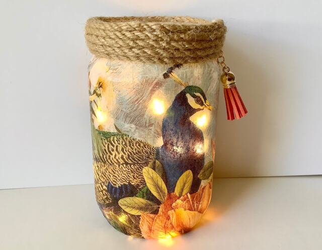 Peacock Lamp Decoupage Glass Jar, Bird Lantern With Lights - image 1