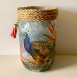 Peacock Lamp Decoupage Glass Jar, Bird Lantern With Lights - thumbnail 4