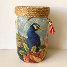 Peacock Lamp Decoupage Glass Jar, Bird Lantern With Lights - thumbnail 2