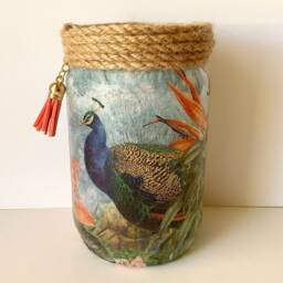 Peacock Lamp Decoupage Glass Jar, Bird Lantern With Lights - thumbnail 3