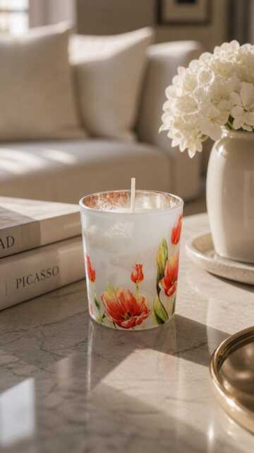 Frosted Glass Tulip Scented Candle Jar - Floral Home Decor Fragrance - image 1