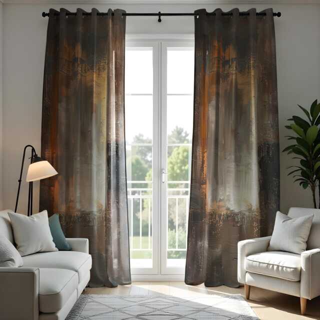 Rustic Abstract Curtain, Earthy Brown & Black Brushstroke Drape, Modern Window Treatment, Fluid Texture Curtain Panel - image 1