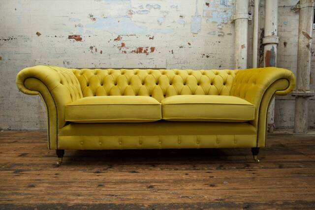 3 Seater Yellow Velvet Fabric Chesterfield Sofa - Quirky Coloured Buttons British Handmade - image 1