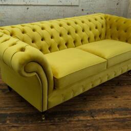 3 Seater Yellow Velvet Fabric Chesterfield Sofa - Quirky Coloured Buttons British Handmade - thumbnail 4