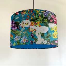 Teal Flowers Velvet Drum Lampshade, Double Sided Lampshade With Teal Cotton Interior, Ceiling Light Shade, Pendant