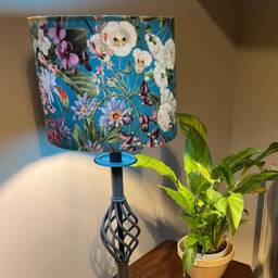 Teal Flowers Velvet Drum Lampshade, Double Sided Lampshade With Teal Cotton Interior, Ceiling Light Shade, Pendant - thumbnail 3