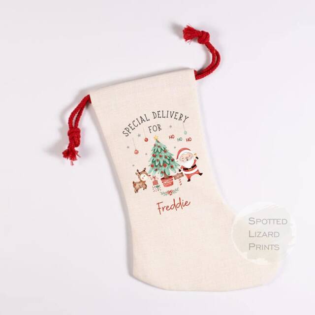 Personalised Christmas Stocking - Custom Name Santa Family Linen Gift Bag Eve - image 1