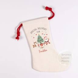 Personalised Christmas Stocking - Custom Name Santa Family Linen Gift Bag Eve - thumbnail 1