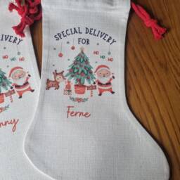Personalised Christmas Stocking - Custom Name Santa Family Linen Gift Bag Eve - thumbnail 2