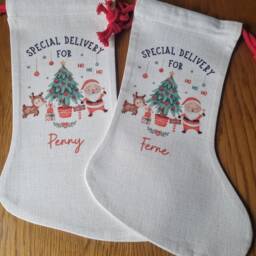 Personalised Christmas Stocking - Custom Name Santa Family Linen Gift Bag Eve - thumbnail 3