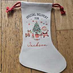 Personalised Christmas Stocking - Custom Name Santa Family Linen Gift Bag Eve - thumbnail 4