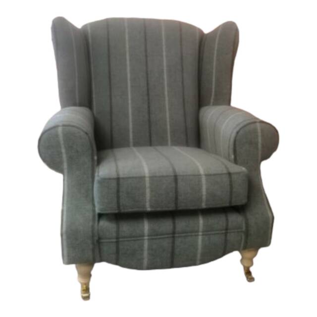 Queen Anne Wingback Chair Duck Egg Blue Stripe, Brass Castor Legs - image 1