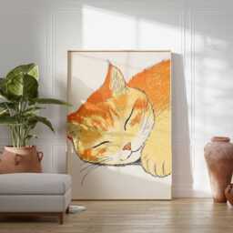 Minimalist Sleeping Cat Wall Art Print, Japanese Style Calico Poster, Modern Zen Decor, Cute Animal Artwork For Home - thumbnail 3