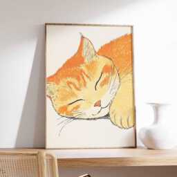 Minimalist Sleeping Cat Wall Art Print, Japanese Style Calico Poster, Modern Zen Decor, Cute Animal Artwork For Home - thumbnail 1