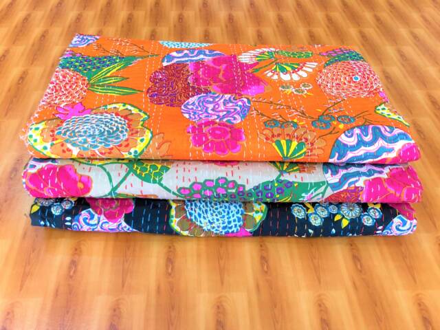 "King Size Floral Kantha Quilt, Indian Cotton Bedspread - 90"" X 108" - image 1