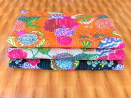 "King Size Floral Kantha Quilt, Indian Cotton Bedspread - 90"" X 108" - thumbnail 1