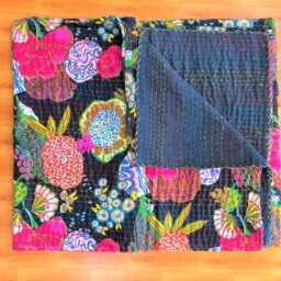 "King Size Floral Kantha Quilt, Indian Cotton Bedspread - 90"" X 108" - thumbnail 3