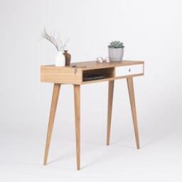 Kuub - Small Console Table, Entryway Table With White Drawer & Open Shelf, Mid Century Modern, Made Of Oak Wood - thumbnail 2