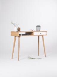 Oak Entryway Console Table - Mid-Century Modern With White Drawer