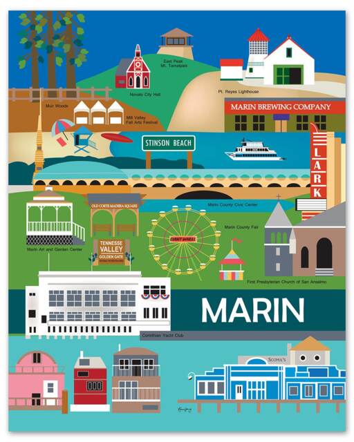 Marin County Map Print, Skyline, California Vertical Collage Wall Art, Nursery, Loose Petals, Style E8-O-Mar - image 1