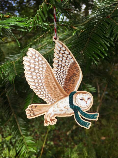 Barn Owl in Scarf Wooden Decoration/Woodland Animal Christmas Tree Ornament Winter Gift Holiday Stocking Filler - image 1