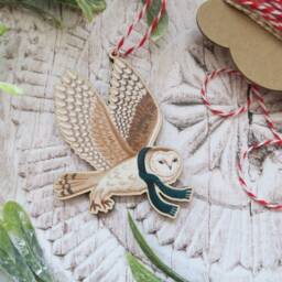 Barn Owl in Scarf Wooden Decoration/Woodland Animal Christmas Tree Ornament Winter Gift Holiday Stocking Filler - thumbnail 2