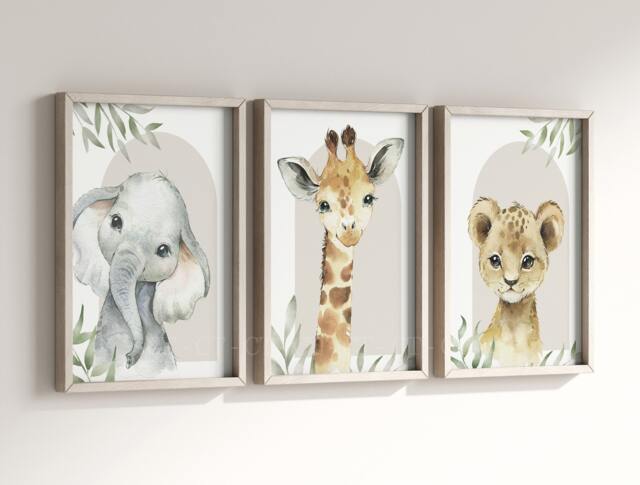 Safari Elephant Giraffe Lion Animal Baby Girls Boys A4 Or A3 Nursery Set Of Unframed Prints Unisex Neutral Boho Beige Green Jungle - image 1