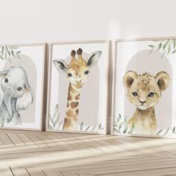 Safari Elephant Giraffe Lion Animal Baby Girls Boys A4 Or A3 Nursery Set Of Unframed Prints Unisex Neutral Boho Beige Green Jungle - thumbnail 3