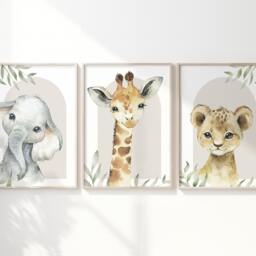 Safari Elephant Giraffe Lion Animal Baby Girls Boys A4 Or A3 Nursery Set Of Unframed Prints Unisex Neutral Boho Beige Green Jungle - thumbnail 2