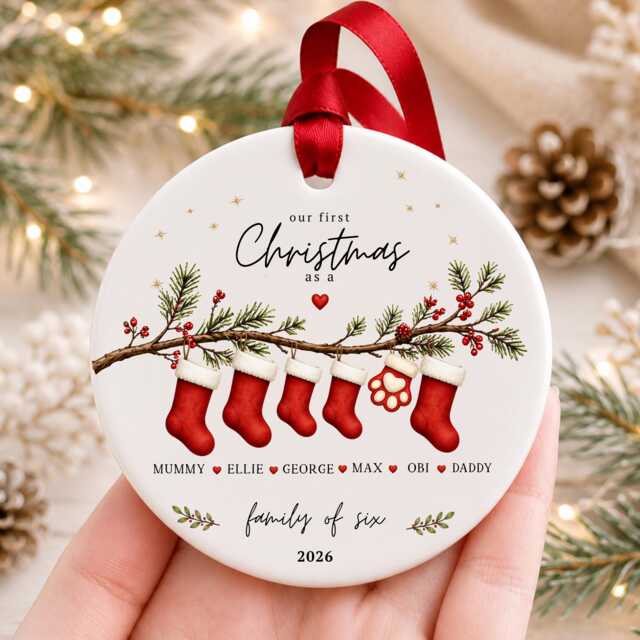 Our First Christmas As A Family Ornament Personalised Of Six Bauble Ceramic Decoration New Baby & Pet Keepsake Gift - image 1