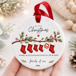 Our First Christmas As A Family Ornament Personalised Of Six Bauble Ceramic Decoration New Baby & Pet Keepsake Gift - thumbnail 3