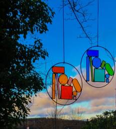 Composition No.3 - Orange/Red/Lilac(Blue/Green - Stained Glass Shapes Handmade Colourful Sun-Catcher/Wall Hanging Home Decor