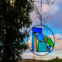 Composition No.3 - Orange/Red/Lilac(Blue/Green - Stained Glass Shapes Handmade Colourful Sun-Catcher/Wall Hanging Home Decor - thumbnail 3