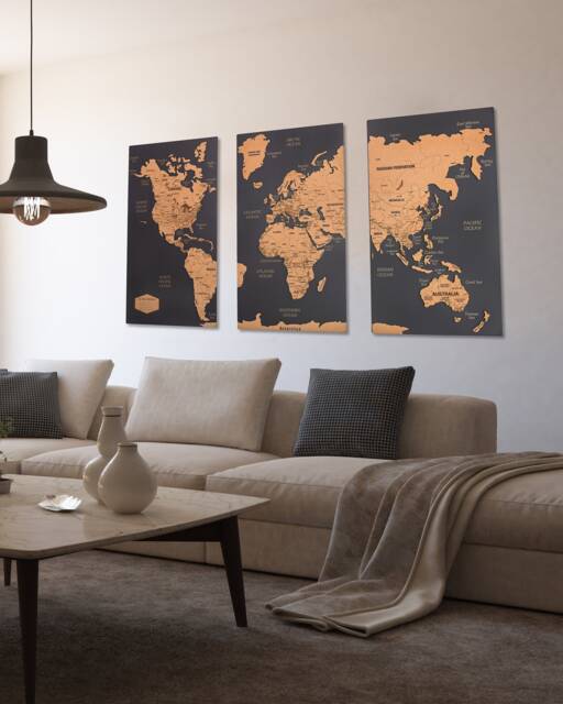 3 Panel Wall Art Above Bed Decor, World Map Travel Map, Wood 10 Year Anniversary Gift, Push Pin - image 1