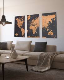 3 Panel Wall Art Above Bed Decor, World Map Travel Map, Wood 10 Year Anniversary Gift, Push Pin - thumbnail 1