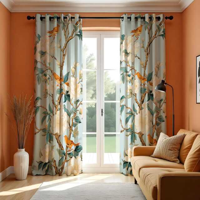 Bird & Magnolia Curtains, Chinoiserie Floral Drapes, Yellow Birds Botanical Pattern Window Panels - image 1