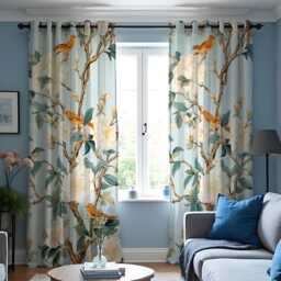 Bird & Magnolia Curtains, Chinoiserie Floral Drapes, Yellow Birds Botanical Pattern Window Panels - thumbnail 2