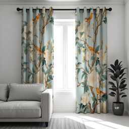 Bird & Magnolia Curtains, Chinoiserie Floral Drapes, Yellow Birds Botanical Pattern Window Panels - thumbnail 3