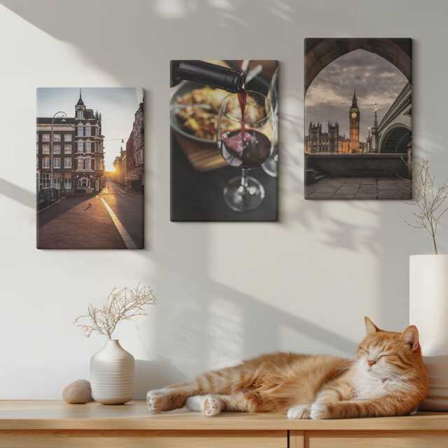 Canvas Art Set Of 3 - A Pictures With City, Food, & View London, Brown Wall Large, Travels Decor - image 1