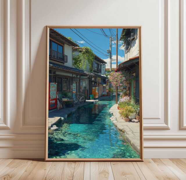 Japanese Canal Street Poster, Clear Water Alley Print, Traditional Japan Summer Scene Wall Art, Peaceful Village Architecture Decor - image 1
