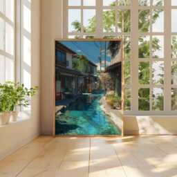 Japanese Canal Street Poster, Clear Water Alley Print, Traditional Japan Summer Scene Wall Art, Peaceful Village Architecture Decor - thumbnail 3