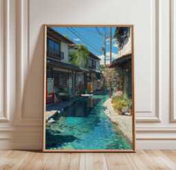 Japanese Canal Street Poster, Clear Water Alley Print, Traditional Japan Summer Scene Wall Art, Peaceful Village Architecture Decor - thumbnail 1