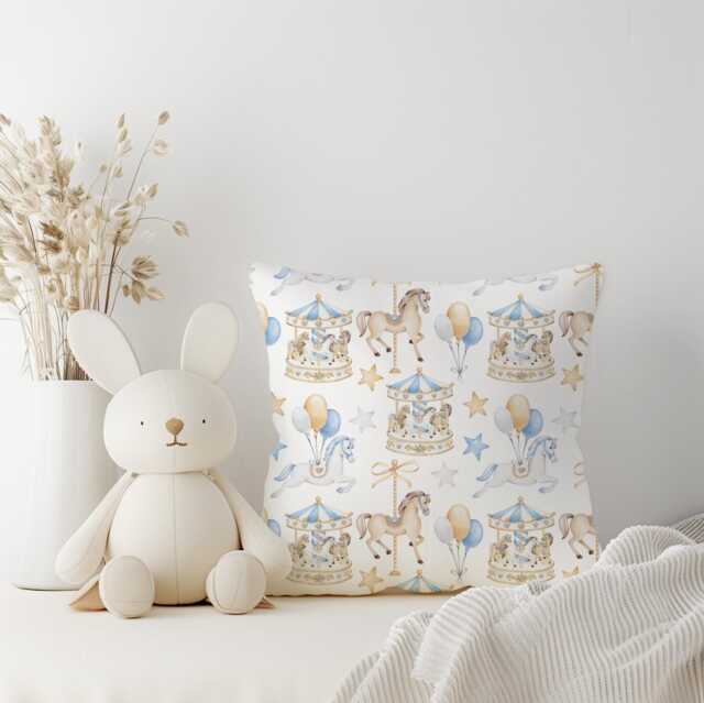 Carousel - Blue Pillow, Kids Square Throw Pillow Decor, Children's Room Decor, Cotbed Bedding, Carousel Horse Blue