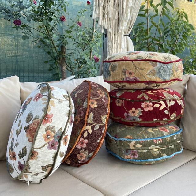 Vintage Floral Tapestry Round Pillow Handmade Ornate Cushion - image 1